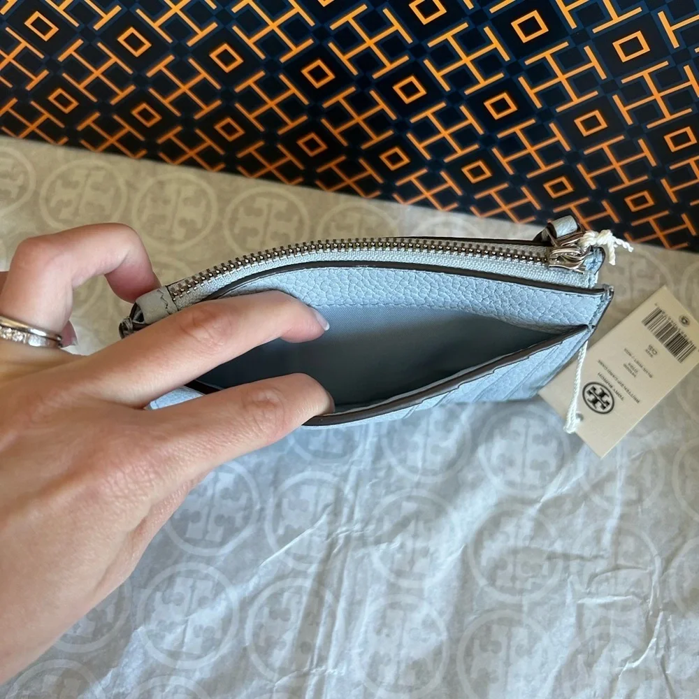 Tory Burch Britten Zip Card Case Mini Wallet Blue Mist Silver Light Blue